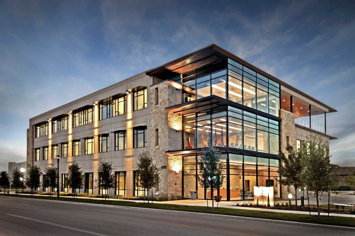 Commercial building at dusk - commercial electrical services by Jones Electric Co.